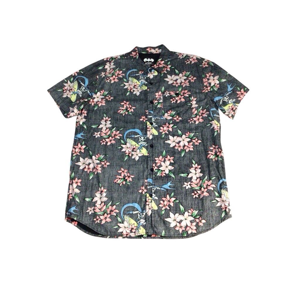 Batman Hawaiian Shirt Mens XL Black Floral Surf Print Vintage DC Batman